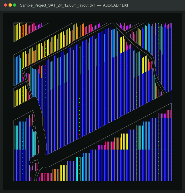 AutoCAD-style DXF preview of Sample Project SAT 2P layout